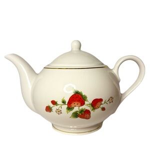 Teleflora Vintage Decorative Strawberry Time Ceramic Teapot with Gold Rim